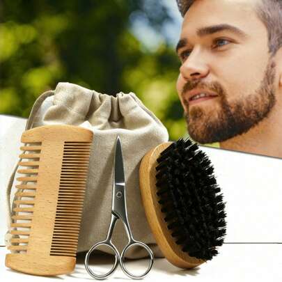Bộ dụng cụ chăm sóc râu 4 món dành cho nam giới kèm túi đựng. Bao gồm kéo thép không gỉ, lược râu, bàn chải râu, bộ chăm sóc râu dành cho nam giới.