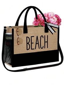 Women's Beach Tote Bag Set, Includes "BEACH" Canvas Bag, Khaki Wavy Beach Sun Hat, Tote Bag, Cosmetic Bag, Wide Brim Sun Hat, Bow Outdoor Travel Hat, Suitable For Spring/Summer Beach Use, Adjustable - Multicolor - View 16