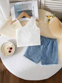 2pcs/Set Girls Casual Minimalist Daily Wear Sleeveless Ribbed Tank Top And Elastic Waist Denim Shorts - White - View 2