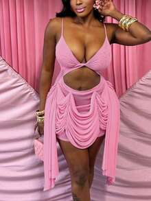 Elegant Party Tassel Sexy Deep V-Neck Halter Dress Vacation - Pink - View 6