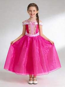 Vestido plisado con bloques de color lindo para niña, adecuado para fiestas y banquetes - Rosa Fucsia - Ver 2