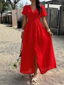 PoPoHouse Women's Solid Color Elegant V-Neck Puff Sleeve Dress, Suitable For Resort Wear, Spring/Summer Red - Red - View 8