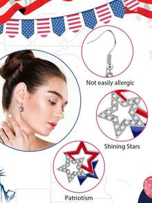 1 Bộ bông tai mừng ngày Quốc khánh 4 tháng 7, bông tai hình cờ Mỹ và ngôi sao, bông tai đính đá và bông tai dáng dài mang chủ đề yêu nước, quà tặng trang sức thời trang cho phụ nữ. - nhiều màu - Xem 10