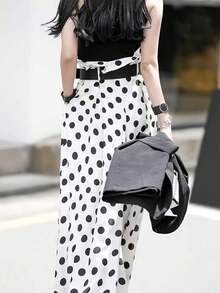 Women's Black Polka Dot High Waist Loose Flowy Maxi Pants Vacation - Black and White - View 3