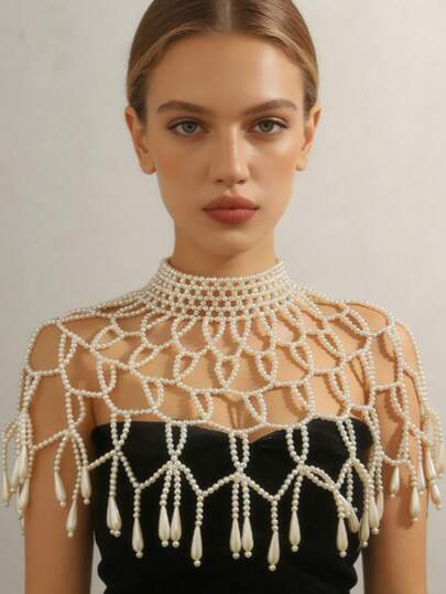 1pc Elegant Multi-Layer Teardrop White Pearl Necklace Shoulder Body Chain, Suitable For Daily, Party, Prom, Commute, University And Other Occasions, Valentine's Day, Mother's Day Gift
