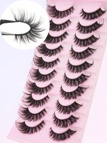 10 Pairs Cat-Eye False Eyelashes, Fluffy Layered Wispy Lashes With Realistic Mink Effect, Natural-Looking Extended Strip Lashes For Makeup, Parties, Festivals, Weddings, Halloween & Daily Glam - 黑色 - 查看 6