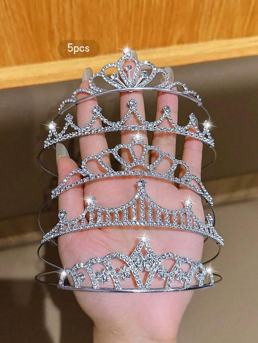 5pcs Gold Crown Fashionable Sweet Style Tiara, Suitable For Performance And Birthday Party, Affordable Hair Accessories - Silver - View 1