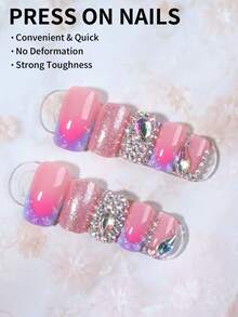 Bộ 24 móng giả vuông ngắn đính đá 3D, móng giả kiểu Pháp dán gel vừa khít, bao gồm 1 lọ gel dán và 1 dũa móng, thích hợp cho móng tay mùa hè và kiểu móng Pháp, dùng hàng ngày và dự tiệc cho phụ nữ và bé gái. - Nhiều màu - Xem 3