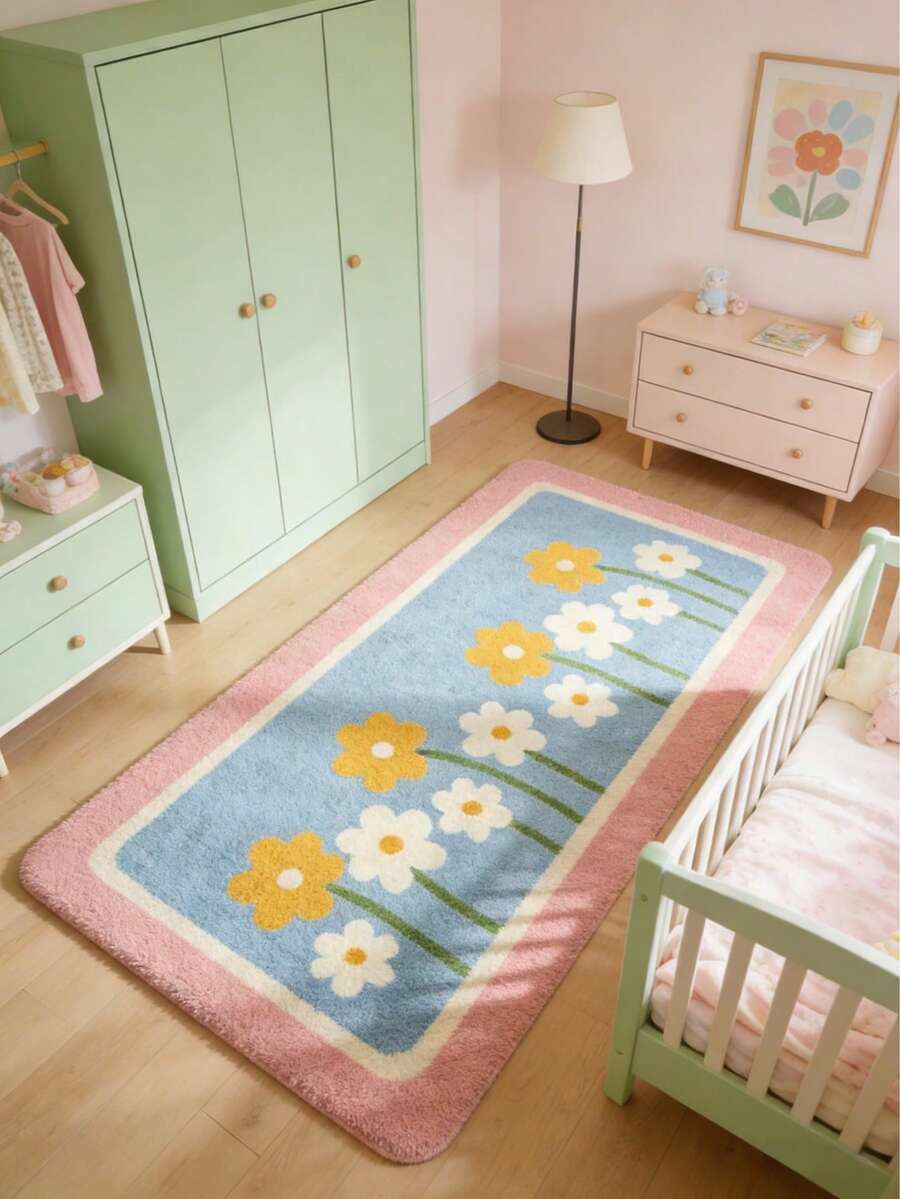 1 pièce Tapis décoratif à fleurs roses sur fond bleu, décoration de chambre douce, tapis décoratif mignon, tapis de jeu adorable, tapis décoratif, décoration de chambre, petit tapis, tapis, décoration de la maison, tapis d'extérieur, tapis lavable, cadeau de remise des diplômes/fête des mères - Multicolore - Voir 1