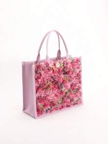1pc Colorful Sequin & Mesh Patchwork Linen Tote Bag, Fashion Floral & Leaf Embroidery Design, Large Capacity Square Shoulder Bag, Casual Vacation Style Shopping Bag (Floral Pattern Randomly Distributed) - Pink - View 6
