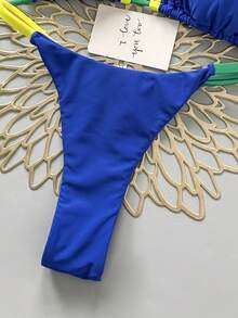 Women's Summer Beach Contrast Color Halter Tie Sexy Bikini Swimwear Set Vacation - Royal Blue - View 5