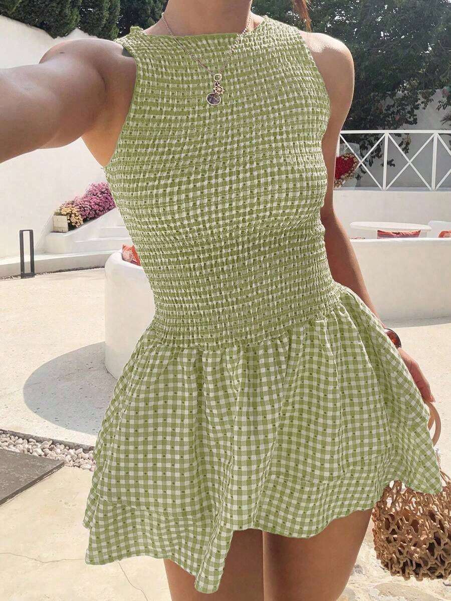 Vestido corto de ajuste ceñido sin mangas con estampado de cuadros azules y cinturón, estilo francés dulce para vacaciones de verano - Multicolor - Ver 1