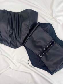Women's Black Cropped Corset, Faux Leather, Structured, Shaping, Night Out Look - 黑色 - 查看 3