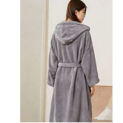 1pc All Season Long Sleeve Hooded Bathrobe, Pineapple Plaid Breathable Absorbent Quick-Dry Non-Shedding, Coral Fleece Unisex Shower Robe, Sleepwear, Long Couple Bathrobe