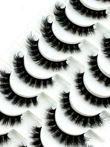 10 Pairs Fluffy False Eyelashes, Soft And Fluffy, Handmade, Reusable, Short Natural Style, Thick 5D Faux Mink False Eyelashes, 5D Cilioss False Eyelashes - Black - View 3