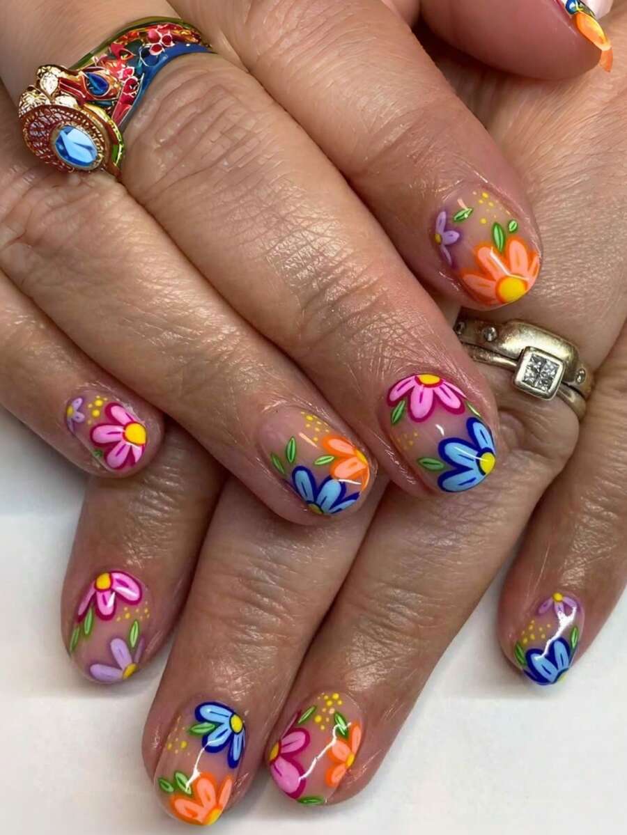 24pcs Colorful Flower Print Wearable Nail Stickers, Square Shaped Y2K Style Nail Art Decals For Spring - Multicolor - View 1