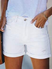 Women's Solid Color Casual Loose Cuffed Denim Shorts, Versatile Daily Wear White Summer - White - View 7