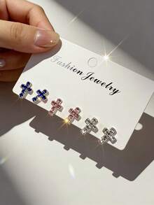 3 đôi bông tai hình thánh giá đính pha lê lấp lánh, bông tai nhỏ nhắn thanh lịch, bộ bông tai mini dễ thương dành cho nữ. - Nhiều màu - Xem 3