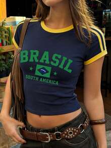 Women's Summer New Minimalist Navy Contrast Yellow Edge LONDON Print Casual Round Neck Short Sleeve T-Shirt, Fashionable And Versatile - Blue - View 1