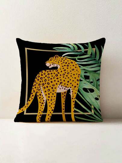 1件装奢华金色豹纹热带植物图案抱枕套，创意印花天鹅绒方形靠垫套，适用于客厅、卧室、家居装饰、沙发抱枕、汽车抱枕，四季皆宜。