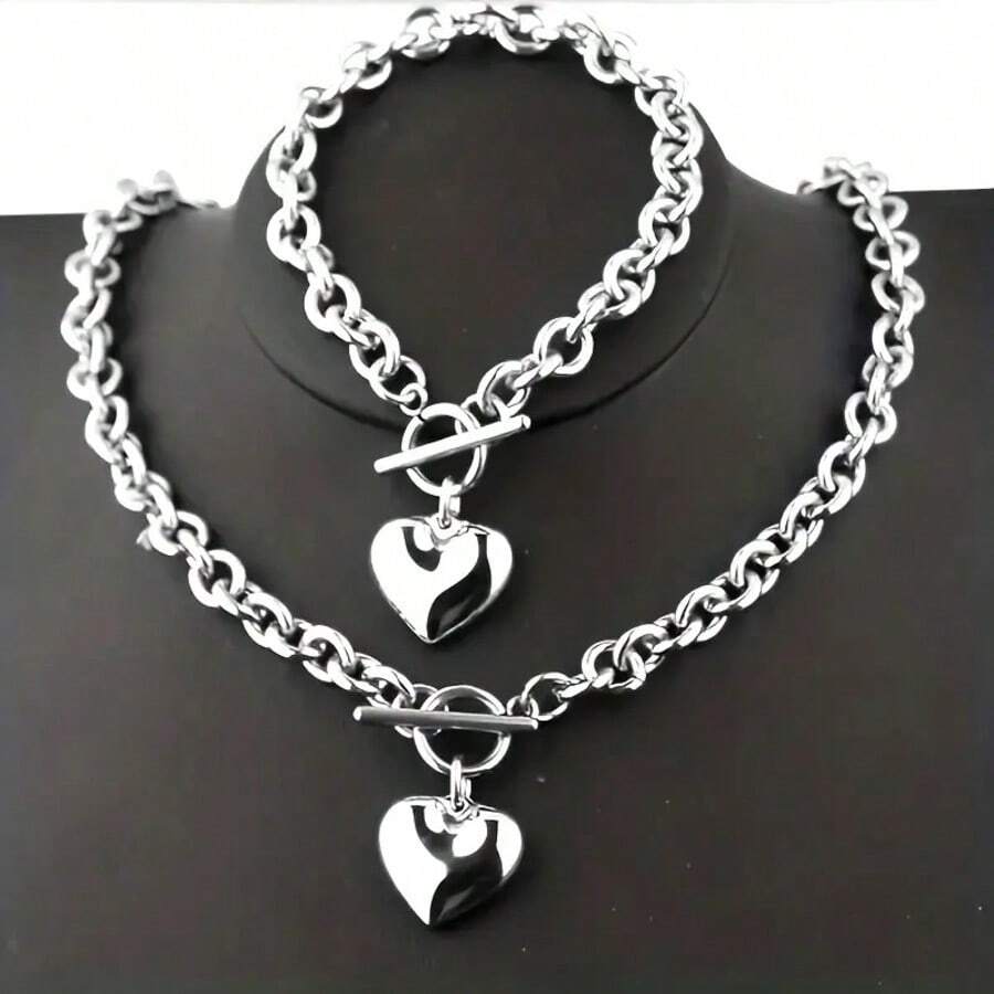 Bộ trang sức 2 món bằng thép không gỉ, dây chuyền và vòng tay hình trái tim, unisex, quà tặng ngày lễ. - Nhiều màu - Xem 1