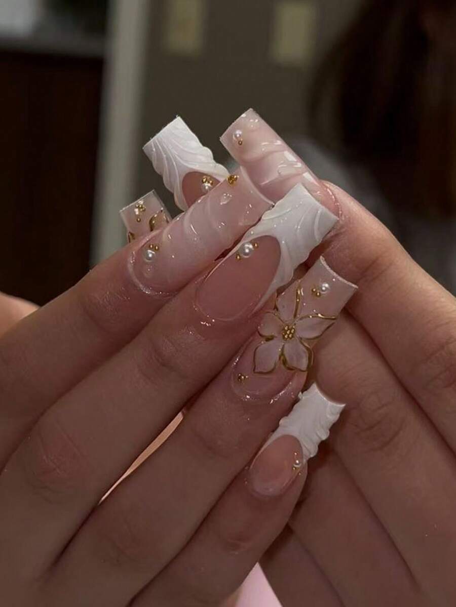 24片长棺材形3D凝胶美甲，花卉海洋图案，珍珠装饰，按压式亚克力假指甲，附赠1瓶果冻凝胶和1把指甲锉，适合女性/女孩日常、派对佩戴 - 彩色 - 查看 1