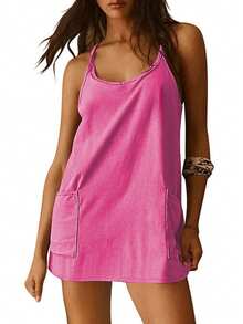 Women Athletic Mini Dresses Built-In Shorts Set Summer Sleeveless Sundress Hot Shot Mini Dress - 玫瑰紅 - 查看 3