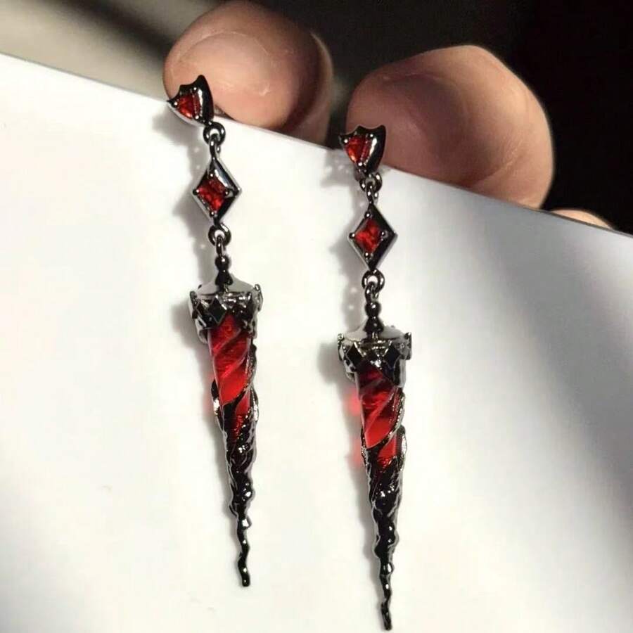 1pair Gothic Red Drop Earrings For Women, Dark Vampire Style Black Thorn & Red Crystal Dangle Earrings, Punk Alternative Jewelry - Red - View 1