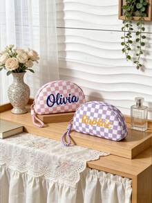 (Embroidered Custom) 1pc New Striped Shell Cosmetic Bag, Fresh Macaron Color, With Zipper And Personalized Customization Makeup Bag, Portable Toiletry Storage Bag For Outdoor, Random Pom-Pom Design, Cute Gift For Family, Friends, Birthday, Holiday Essential - Multicolor - View 5