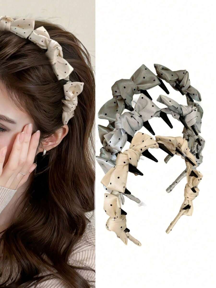 3 piezas Diadema de mujer elegante con lunares y lazo, accesorios de cabello versátiles adecuados para uso diario, hogar, escuela, playa, trabajo, fiesta, vacaciones, cumpleaños, regreso a clases, Año Nuevo, Día de la Madre, Navidad, boda, festival de música, graduación, primavera/verano - Multicolor - Ver 1