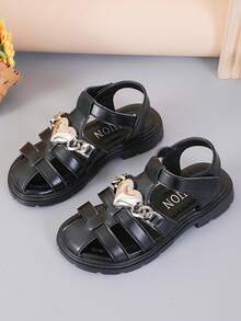 1 Pair New Minimalist Solid Color Heart Design Girls/Kids Hook And Loop Flat Sandals, Comfortable , Suitable For Spring/Summer Daily Wear - Black - View 8