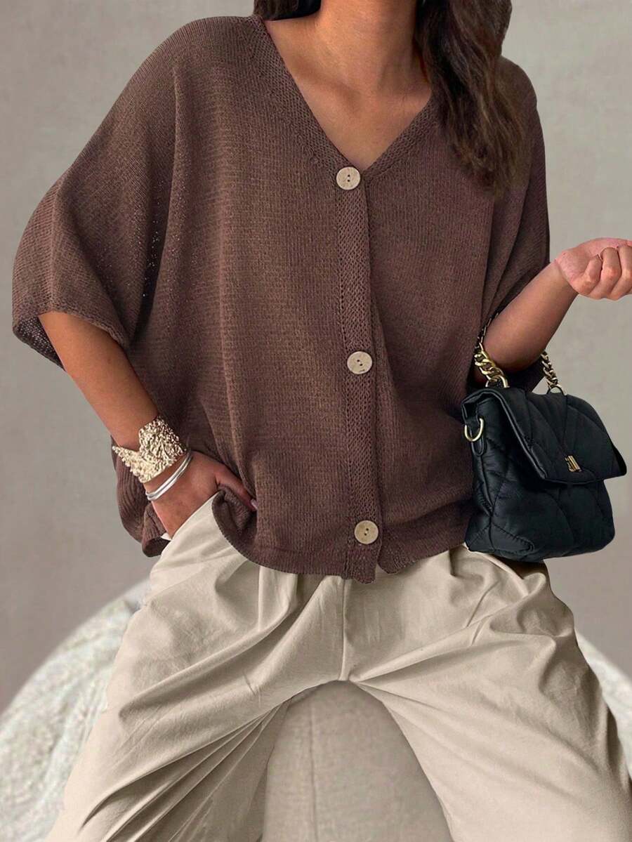 Women's New V-Neck Hollow Semi-Sheer Raglan Short Sleeve Button Loose Knit Cardigan, Casual Fashionable Basic Lightweight Batwing Sleeve Knit Top, Spring/Summer/Autumn - Coffee Brown 22 - View 1