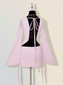 Sexy Oversized Plunging Neckline Mesh Patchwork Backless Mini Dress Pink,Dresses For Women Elegant - 粉色 - 查看 8