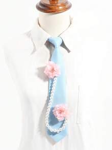1件女士时尚浅蓝色花朵珍珠链装饰可爱风格领带，适合派对、学校、约会、衬衫搭配、节日、旅行 - 淺藍色 - 查看 4
