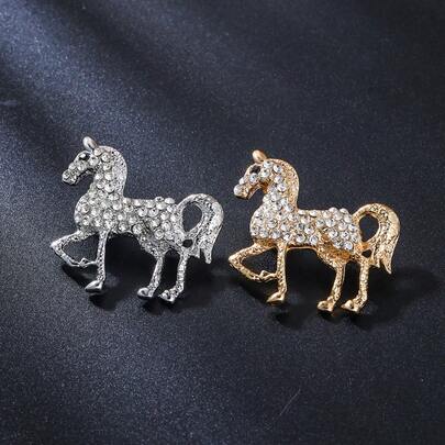 1pc Vintage Gold-Plated 3D Horse Brooch, Luxury Fully Studded Transparent Crystal Stallion Lapel Pin With Black Diamond Horse Eye, Symbolizing Good Fortune And Success, Suitable For Suit Jackets, Equestrian Enthusiasts, Father's Day Gift