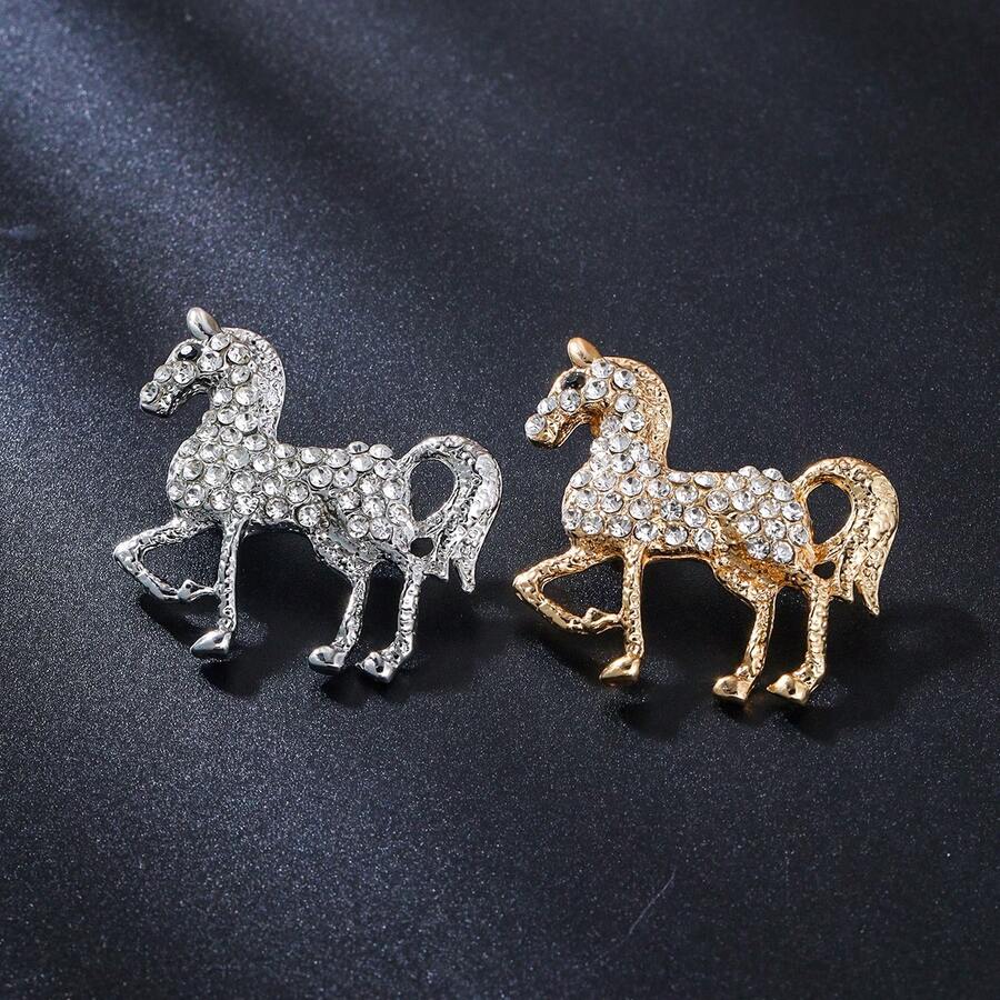 1pc Vintage Gold-Plated 3D Horse Brooch, Luxury Fully Studded Transparent Crystal Stallion Lapel Pin With Black Diamond Horse Eye, Symbolizing Good Fortune And Success, Suitable For Suit Jackets, Equestrian Enthusiasts, Father's Day Gift - Horse - View 1