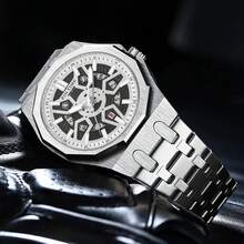 1pc Mechanical Style Men's Watch, Hollow Dial Octagonal Case, With Calendar Display, Suitable For Work And Daily Wear Gift - one-size - View 9
