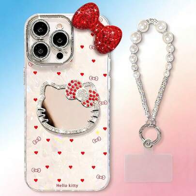 SANRIO 1 pieza Funda de teléfono con pulsera de espejo de gato compatible con Apple 17 Pro Max/16, colgante de mariposa 14 Pro, elegante de lujo para mujeres 15/13/12/11