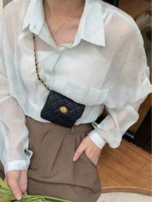 Women's Quilted Diamond Metal Chain Crossbody Bag - Elegant Niche Waist Bag, Compact Lipstick Coin Purse, Lightweight Daily Fashion Bag - 黑色 - 查看 5