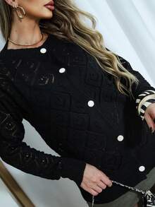 Casaco Feminina Cardigam Feminina Estilosa Botão Poliester Manga Longa Inverno Roupa Feminina - Preto - Visão 4