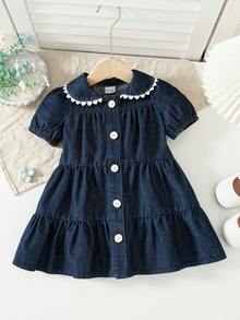 女婴可爱彼得潘领藏蓝色灯笼袖宽松休闲牛仔连衣裙，适合夏季外出 - 藍色 - 查看 1