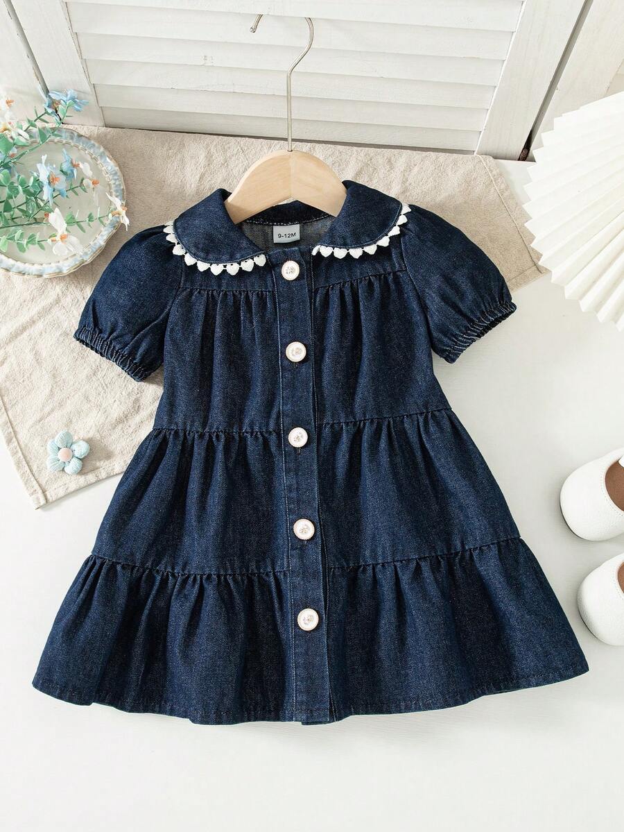 女婴可爱彼得潘领藏蓝色灯笼袖宽松休闲牛仔连衣裙，适合夏季外出 - 藍色 - 查看 1