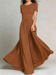 Women's Long Dress Spring/Summer, Waist Tie Dress, Draping Slimming Vintage Elegant Versatile Long Dress - 棕色 - 查看 4