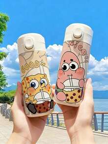 SpongeBob SquarePants 420毫升防漏翻盖水瓶，主题系列，印有派大星、章鱼哥、蟹老板、珊迪和加里等卡通人物的可爱图案。 - 彩色 - 查看 8