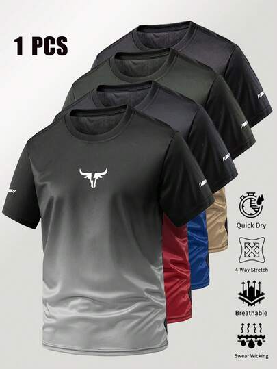 男士户外T恤，渐变圆领设计，牛头印花，夏季速干透气短袖，适合日常休闲、跑步、健身、运动等场合。