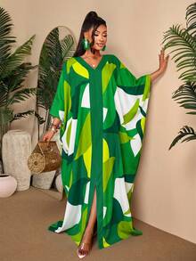 BIUBIU Plus Size Women's Elegant Casual Summer Maxi Dress - Green & White Geometric Print V-Neck Batwing Kaftan Dress, Suitable For Vacation & Beach Spring - White Green - View 1