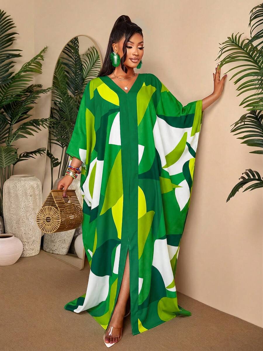 BIUBIU Plus Size Women's Elegant Casual Summer Maxi Dress - Green & White Geometric Print V-Neck Batwing Kaftan Dress, Suitable For Vacation & Beach Spring - White Green - View 1