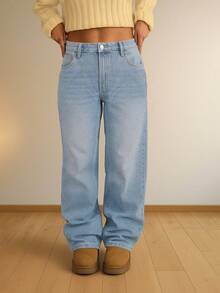 Jeans de pierna recta talla grande cómodos, longitud extendida, diseño con cremallera, tela sin estiramiento, casual - Azul - Ver 2