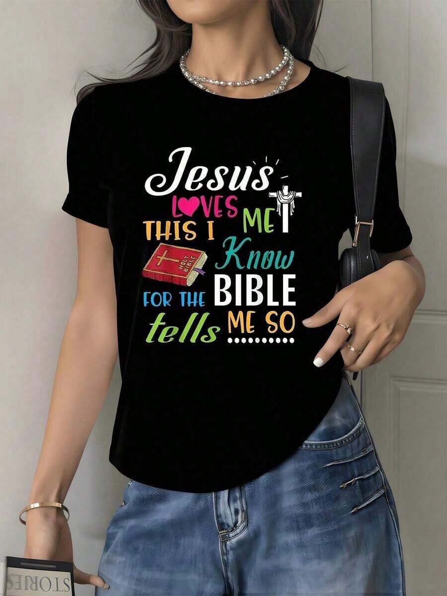 Gráfico con mensaje de fe que expresa el amor de Jesús y las palabras de la Biblia inspirando esperanza y confianza camiseta para mujer 100% algodón suave y cómoda para uso diario - Negro - Ver 1