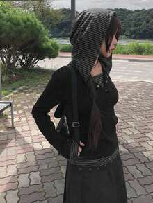 休闲百搭条纹拼接连帽长袖T恤 - 黑色 - 查看 3